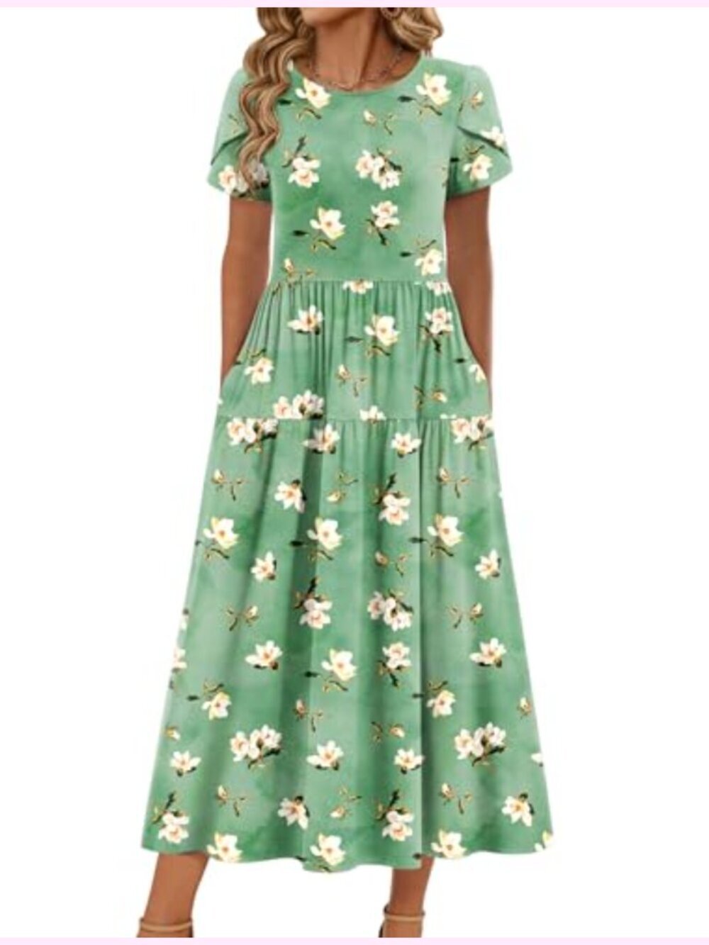 Maxi Bohemian Dress with Pockets Flowy A-Line Short Sleeve 95% Polyester 5%